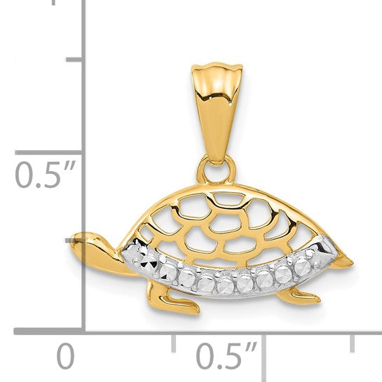 14K Gold and White Rhodium Diamond-cut Turtle Pendant