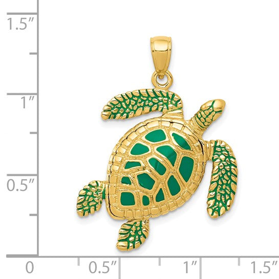 14k Gold 3-D Green Enameled Sea Turtle Pendant