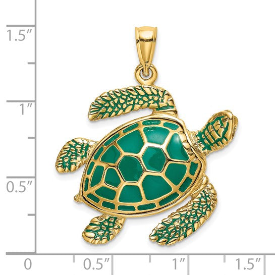 14K Gold 3-D Green Enamel Large Sea Turtle Charm