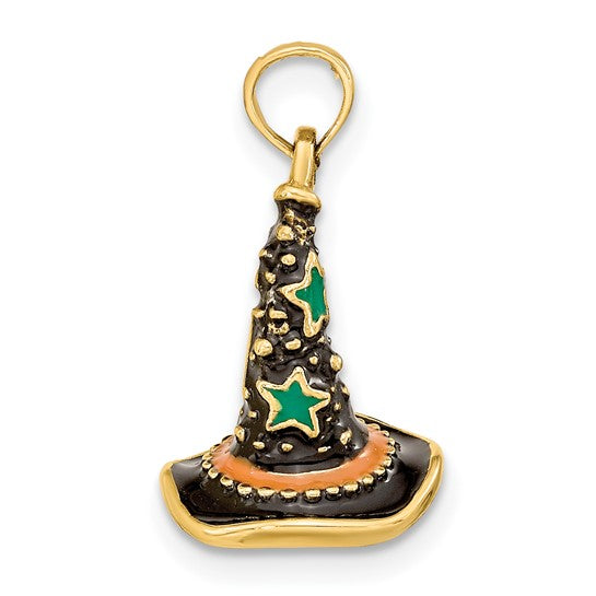 14K Solid Yellow Gold 3-D Witch Hat Halloween Enameled Pendant Charm only