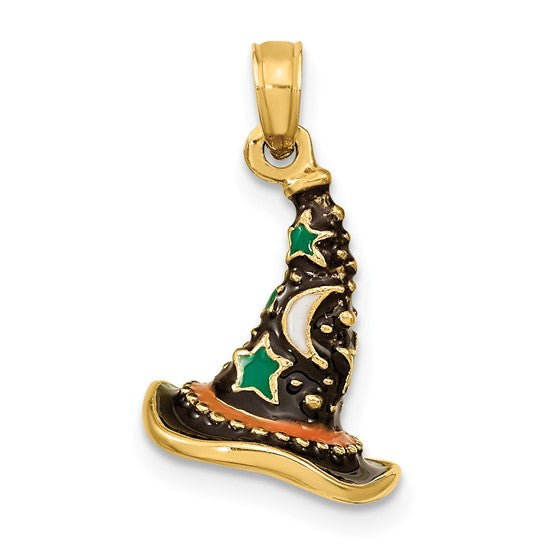 14K Solid Yellow Gold 3-D Witch Hat Halloween Enameled Pendant Charm only