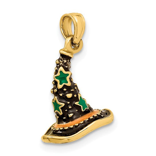 14K Solid Yellow Gold 3-D Witch Hat Halloween Enameled Pendant Charm only