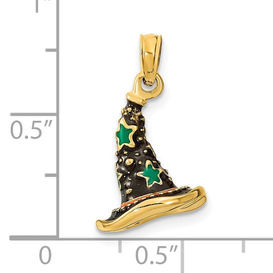 14K Solid Yellow Gold 3-D Witch Hat Halloween Enameled Pendant Charm only