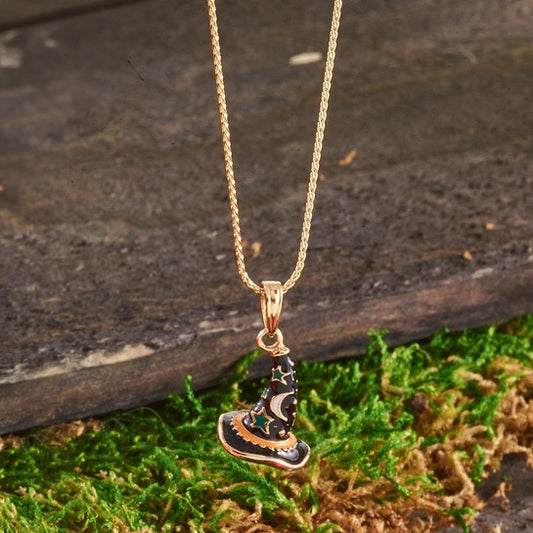 14K Solid Yellow Gold 3-D Witch Hat Halloween Enameled Pendant Charm only