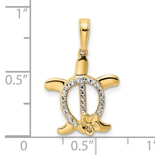 14k Gold and White Rhodium Diamond-cut Turtle with Flower Pendant