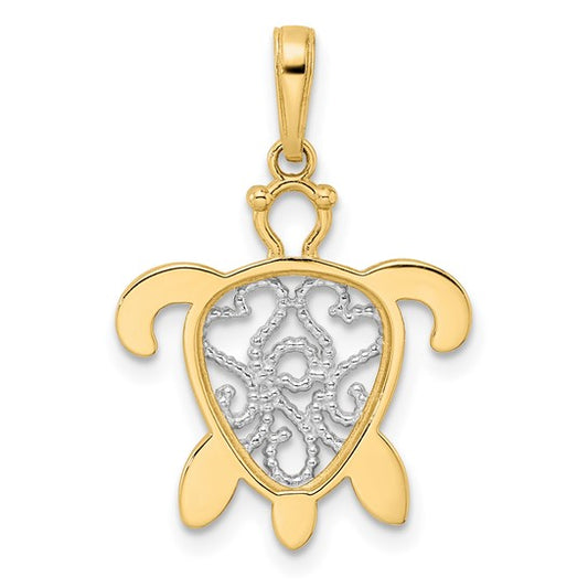 14k Gold and White Rhodium Diamond-cut Filigree Turtle Pendant