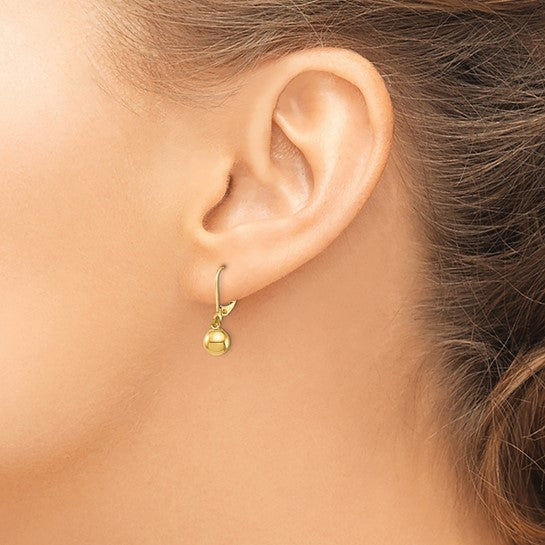 14K Yellow Gold 6mm Ball Dangle Leverback .8" Long Earrings, Simple Minimalist Dainty Modern NOT gold filed NOT gold plated Ships Free