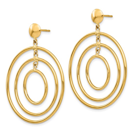 14K Solid Yellow Gold Round Fancy Circles Post Dangle Earrings