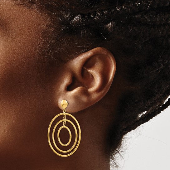 14K Solid Yellow Gold Round Fancy Circles Post Dangle Earrings