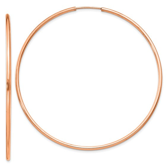 14K Solid Rose Gold 1.5mm Endless Polished Round Large Hoop Earrings 2.2" wide