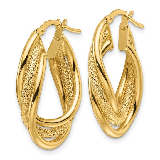14K Solid Yellow Gold Oval Medium Polished Intertwined Hoop Earrings