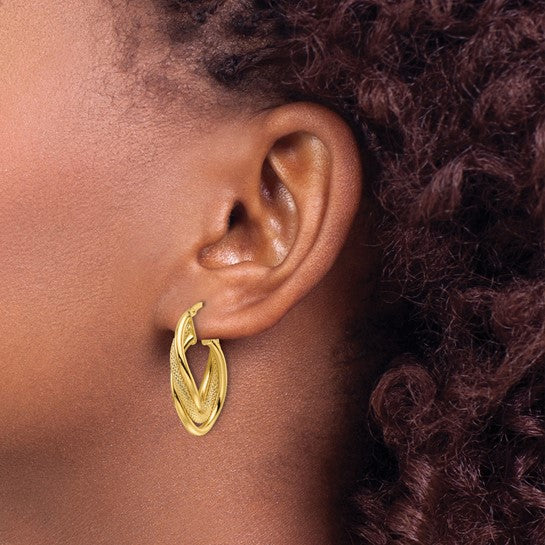 14K Solid Yellow Gold Oval Medium Polished Intertwined Hoop Earrings