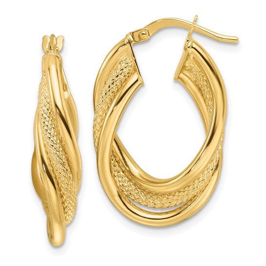 14K Solid Yellow Gold Oval Medium Polished Intertwined Hoop Earrings