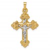 14k with White Rhodium Polished Fleur de Lis INRI Crucifix Cross Pendant