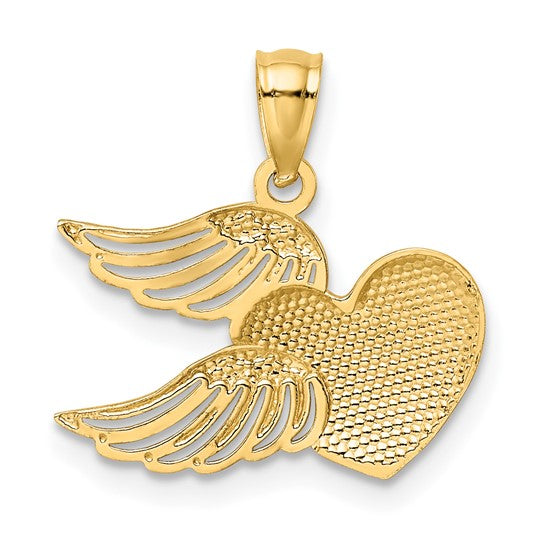 14K Gold and White Rhodium Polished Heart with Wings Pendant