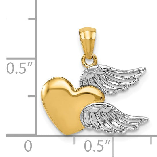 14K Gold and White Rhodium Polished Heart with Wings Pendant