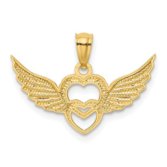 14K and White Rhodium Polished Hearts with Wings Pendant