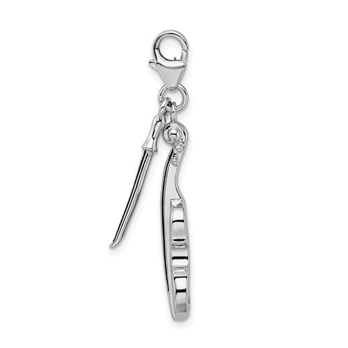 Amore La Vita Sterling Silver Rhodium-plated Polished 3-D Violin with Antiqued Bow Charm with Fancy Lobster Clasp