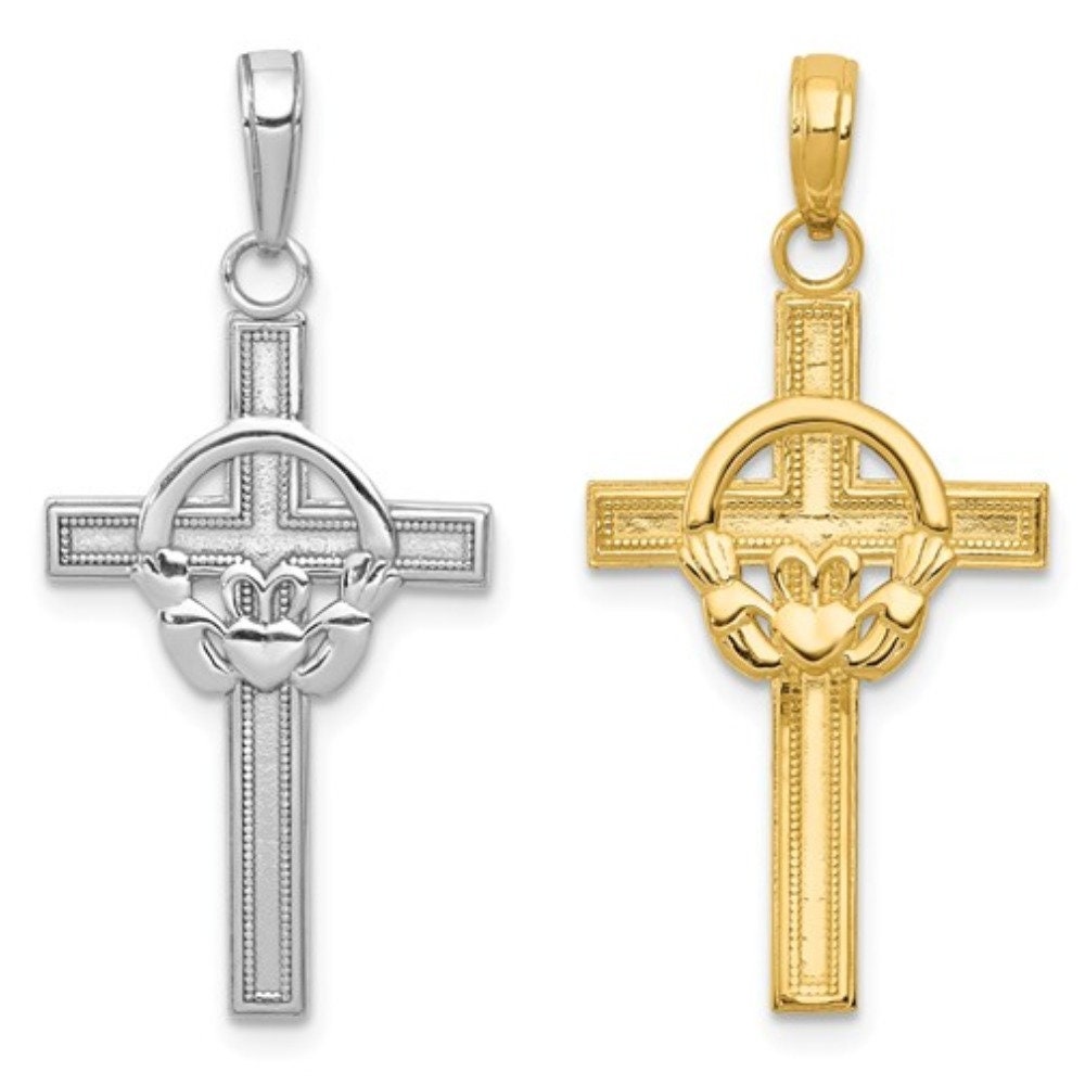 14k Solid Gold Yellow or White Celtic Claddagh Cross for a Chain or Necklace 1.25" Long x .60" Width. Classic Religious Irish Jewelry - Lazuli