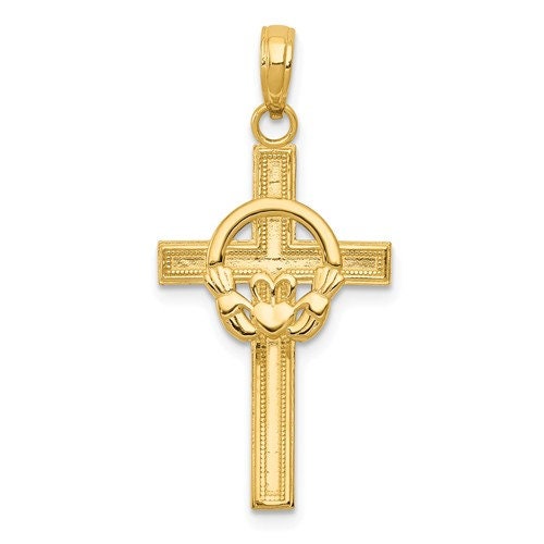 14k Solid Gold Yellow or White Celtic Claddagh Cross for a Chain or Necklace 1.25" Long x .60" Width. Classic Religious Irish Jewelry - Lazuli