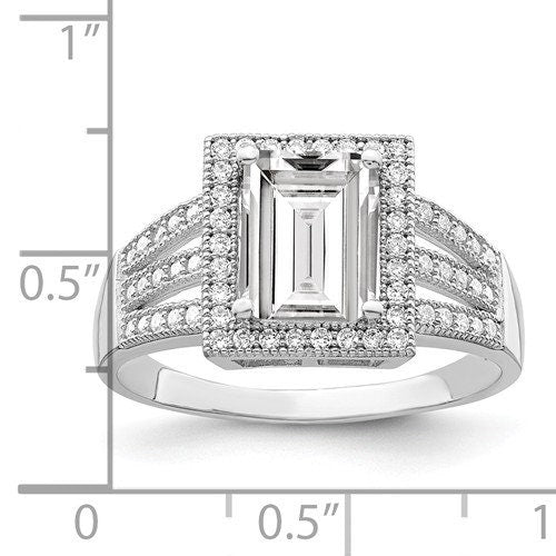Sterling Silver Cz Engagement Ring Halo Pavé Wedding Anniversary Promise Emerald Cut Center Stone Classic Solitaire Ships Free in The U.S. - Lazuli