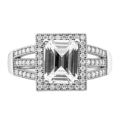 Sterling Silver Cz Engagement Ring Halo Pavé Wedding Anniversary Promise Emerald Cut Center Stone Classic Solitaire Ships Free in The U.S. - Lazuli
