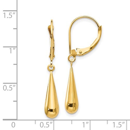 14K Yellow Gold Teardrop Dangle Lever back 1 1/4" Long Earrings, Simple Minimalist Dainty Modern NOT gold filed NOT gold-plated Ships Free