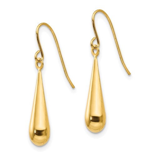 14K Yellow Gold Teardrop Dangle French Wire 1" Long Earrings, Simple Minimalist Dainty Modern NOT gold filed NOT gold plated Ships Free - Lazuli