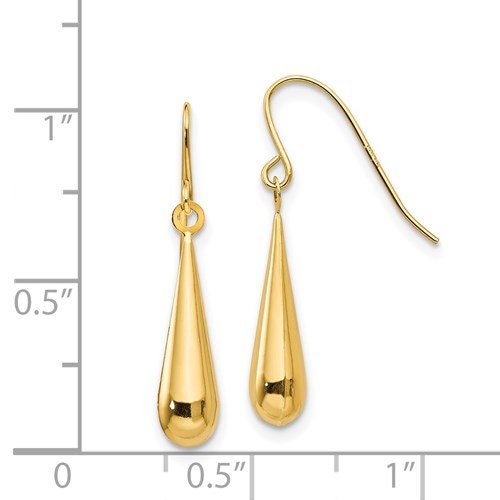 14K Yellow Gold Teardrop Dangle French Wire 1" Long Earrings, Simple Minimalist Dainty Modern NOT gold filed NOT gold plated Ships Free - Lazuli