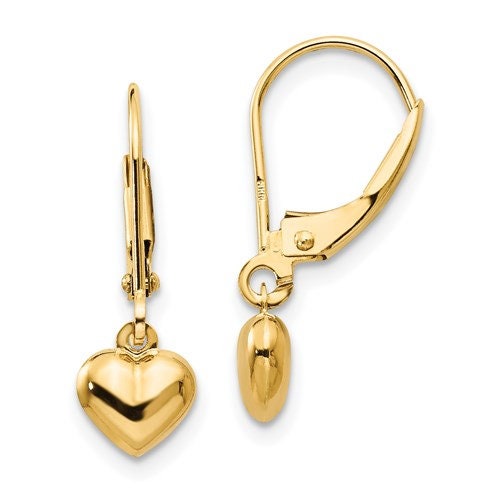 14K Yellow Gold Puffed Heart Dangle Leverback .8" Long Earrings, Simple Minimalist Dainty Modern NOT gold filed NOT gold plated Ships Free - Lazuli