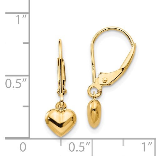 14K Yellow Gold Puffed Heart Dangle Leverback .8" Long Earrings, Simple Minimalist Dainty Modern NOT gold filed NOT gold plated Ships Free - Lazuli