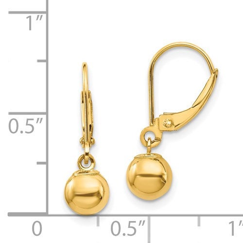14K Yellow Gold 6mm Ball Dangle Leverback .8" Long Earrings, Simple Minimalist Dainty Modern NOT gold filed NOT gold plated Ships Free - Lazuli