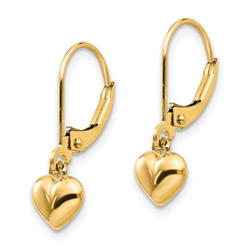 14K Yellow Gold Puffed Heart Dangle Leverback .8" Long Earrings, Simple Minimalist Dainty Modern NOT gold filed NOT gold plated Ships Free - Lazuli