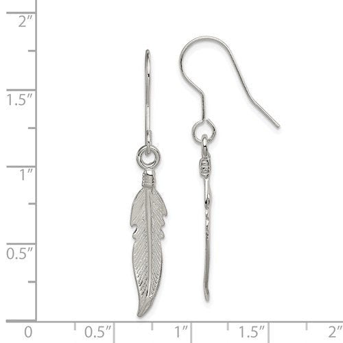 Sterling Silver .925 Feather Dangle French Wire 1.5" Long Earrings, Simple Minimalist Dainty Modern Drop & Dangle Shepherd Hook Earrings - Lazuli