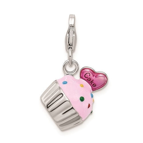Sterling Silver .925 3-D Cupcake and Heart Enameled with Lobster Clasp Charm Ideal for Charm Bracelet or Necklace 1" long .6" wide - Lazuli