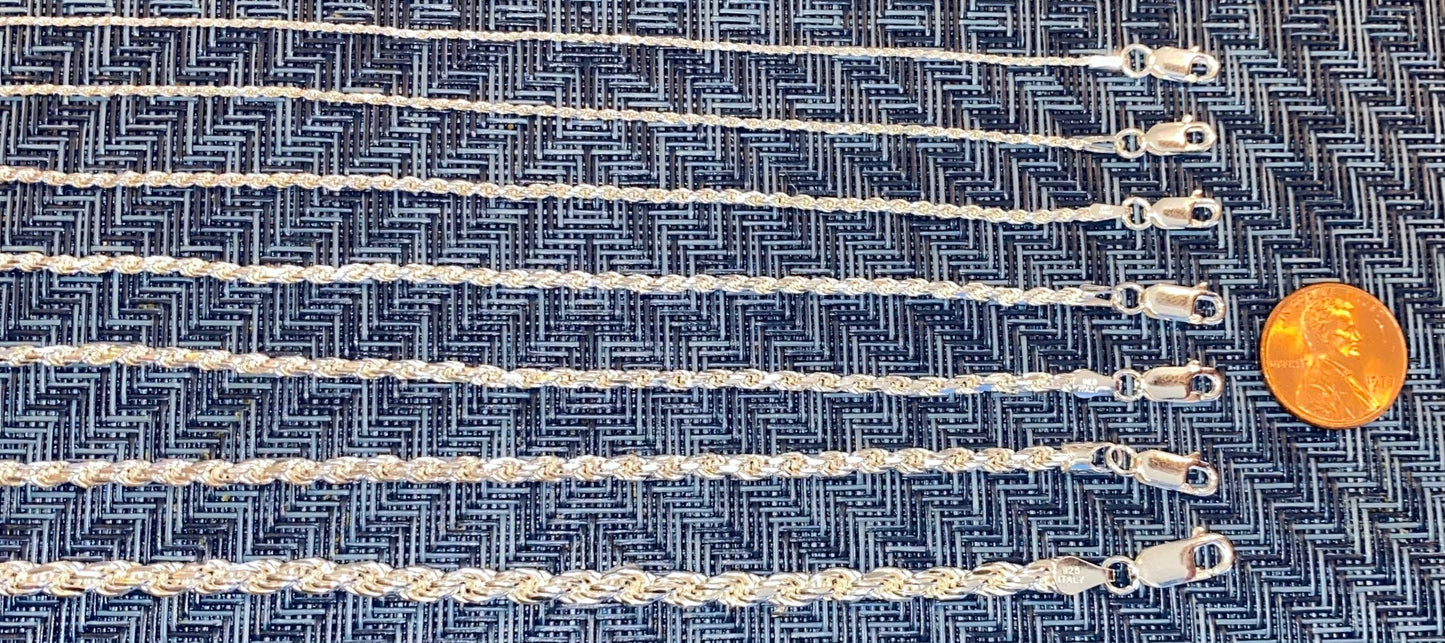 Sterling Silver 925 Diamond-cut Rope Chain Necklace Bracelet Anklet 7",8",9",10",14".16",18",20",22",24",26",28", 30" or 36" different width - Lazuli