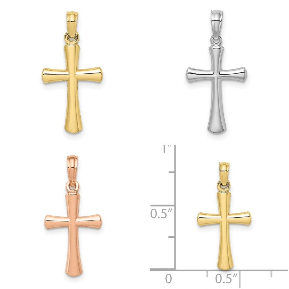 10k Small Solid Yellow White Rose Gold Beveled Cross w/ Round Tips Polished Cross for Chain Necklace 3/4" Long. Classic Religious Jewelry - Lazuli