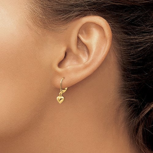 14K Yellow Gold Puffed Heart Dangle Leverback .8" Long Earrings, Simple Minimalist Dainty Modern NOT gold filed NOT gold plated Ships Free - Lazuli