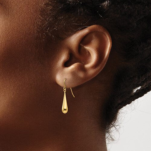14K Yellow Gold Teardrop Dangle French Wire 1" Long Earrings, Simple Minimalist Dainty Modern NOT gold filed NOT gold plated Ships Free - Lazuli
