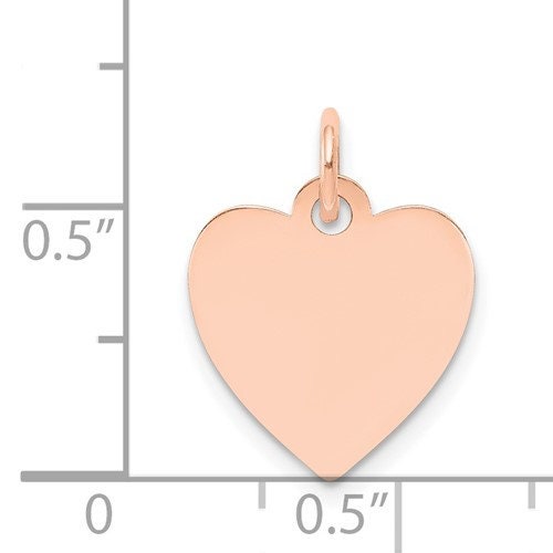14k Yellow, White or Rose Gold Plain Heart Disc Charm 18mm long x 14mm width. Bail Length : 14mm. Bail Width 1mm. polished front and back