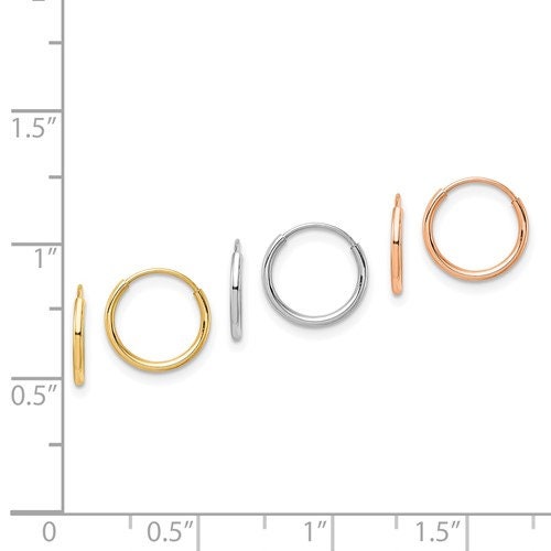 14K Tri Color Tiny 3-pairs Hoop Endless Earrings Set Endless, Nose Cartilage Simple Minimalist Dainty Modern First, second or third piercing
