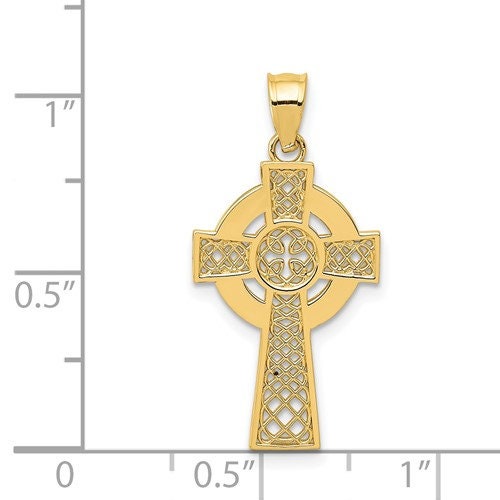 14k Solid Yellow Gold Celtic Iona Claddagh Cross Charm Pendant 1" Long x .5" Width. Classic Religious Irish Jewelry