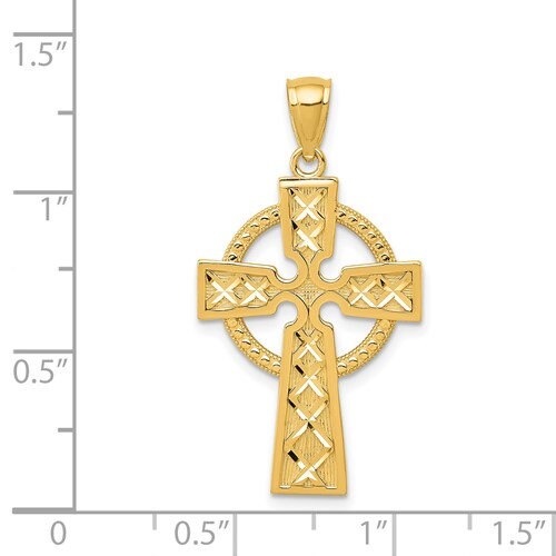 14k Solid Yellow Gold Diamond Cut Celtic Iona Claddagh Cross Charm Pendant 1.25" Long x .7" Width. Classic Religious Irish Jewelry