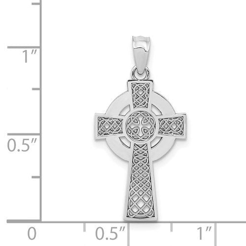 14k Solid White Gold Celtic Iona Claddagh Cross Charm Pendant 1" Long x .5" Width. Classic Religious Irish Jewelry