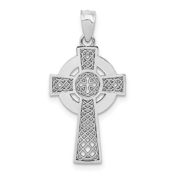 14k Solid White Gold Celtic Iona Claddagh Cross Charm Pendant 1" Long x .5" Width. Classic Religious Irish Jewelry