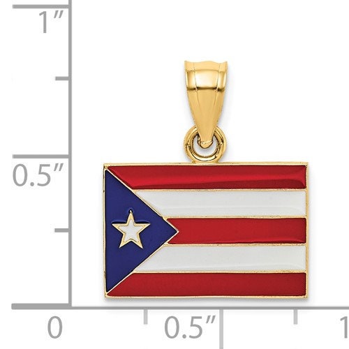 14K Solid Yellow Gold Enameled Puerto Rico Flag Pendant Charm .8" Long