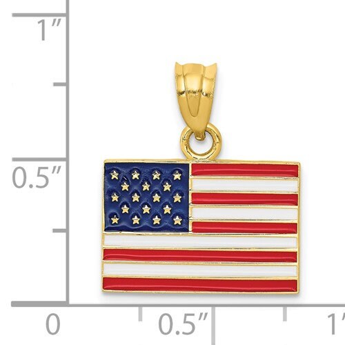 14K Solid Yellow Gold Enameled United States American Flag Pendant Charm .8" Long