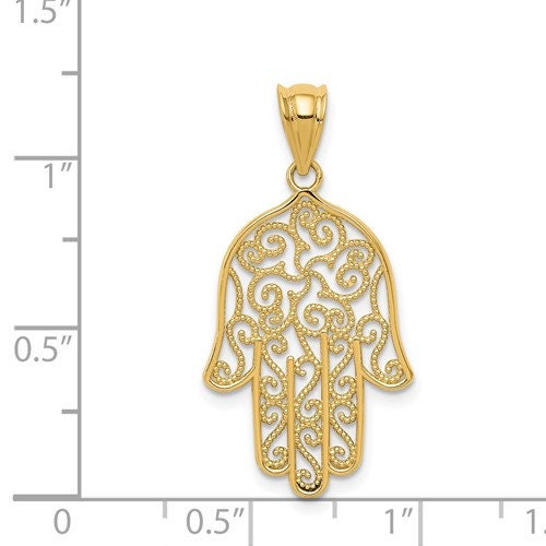 14k Polished Solid Yellow Gold Hamsa or Chmseh Evil Eye Filigree Pendant Charm for a Chain or Necklace 1" Long Not Gold Plated.Real 14K Gold