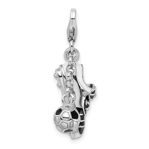 Sterling Silver .925 Enameled 3-D Moveable Soccer Shoe and Ball Charm with Lobster Clasp Ideal for Charm Bracelet or Necklace 1.4"