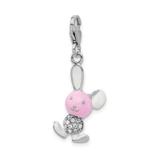 Sterling Silver .925 Enameled 3-D Bunny Charm with Lobster Clasp Ideal for Charm Bracelet or Necklace 1.4"